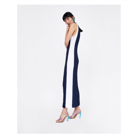 Zara Dresses | Nwt Zara Knit Ribbed Navy Blue White Maxi Dress | Poshmark